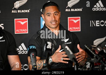 27. Juli 2023: Auckland, Neuseeland: Aaron Smith während einer neuseeländischen All Blacks Pressekonferenz im Park Hyatt, Auckland, Neuseeland am Donnerstag, den 27. Juli 2023 vor dem Rugby-Meisterschaftsspiel gegen Australien. Stockfoto