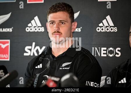 27. Juli 2023: Auckland, Neuseeland: Dalton Papalii während einer neuseeländischen All Blacks Pressekonferenz im Park Hyatt, Auckland, Neuseeland am Donnerstag, den 27. Juli 2023 vor dem Rugby-Meisterschaftsspiel gegen Australien. Stockfoto