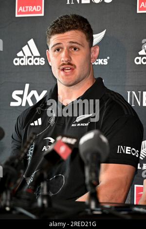 27. Juli 2023: Auckland, Neuseeland: Dalton Papalii während einer neuseeländischen All Blacks Pressekonferenz im Park Hyatt, Auckland, Neuseeland am Donnerstag, den 27. Juli 2023 vor dem Rugby-Meisterschaftsspiel gegen Australien. Stockfoto