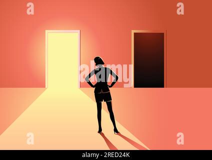 Geschäftskonzept Illustration einer Frau im Zweifel, mit der Wahl zwischen hellen oder dunklen Tür Stock Vektor