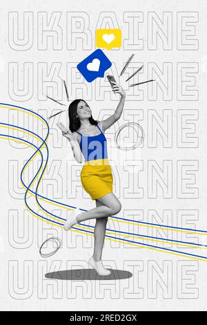 Collage eines funky jungen ukrainischen Mädchens V sign Friendly positive blaue gelbe Farben Freiheit wie Blogging Selfie isoliert auf grauem Hintergrund Stockfoto