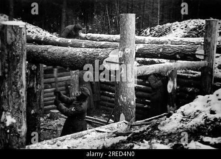 Deutsche Soldaten bauen einen Unterschlupf nahe Makorovo an der Ostfront. Foto: Plenik. [Maschinelle Übersetzung] Stockfoto