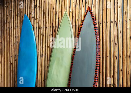 Drei abgenutzte Surfbretter an der Wand aus Bambus. Stockfoto