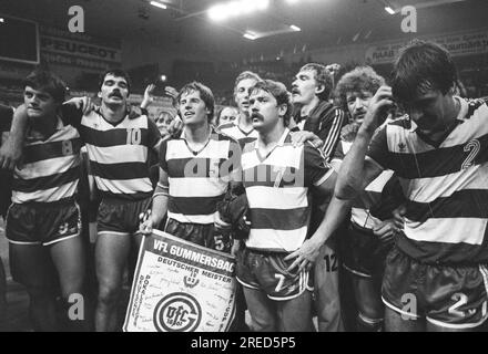 DHB-Cup-Finale: VFL Gummersbach - TV Großwallstadt 19.06.1982. Team Gummersbach mit Meisterschafts-Wimpel [automatisierte Übersetzung] Stockfoto