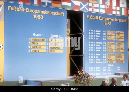 Europameisterschaft 1988 in Deutschland. Verlosung der Endrunde in Düsseldorf 12.02.1988. / Boarden Sie mit den Gruppen und den Paaren. [Maschinelle Übersetzung] Stockfoto