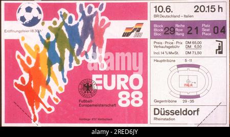 Fußball-Europameisterschaft 1988 / Ticket für das Eröffnungsspiel BR Deutschland – Italien in Düsseldorf am 10.06.1988 [automatisierte Übersetzung] Stockfoto