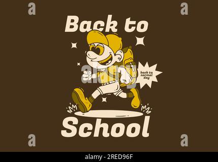 Zurück in die Schule, Maskottchen-Charakterdesign eines Jungen mit Schultasche im Vintage-Stil Stock Vektor