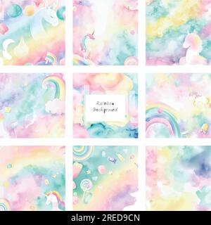 Set mit abstrakten handgezeichneten Regenbogenhintergründen in Aquarellfarben. Vektordarstellung. Stock Vektor