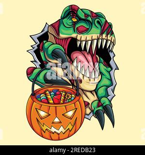 T rex Zombie Hold Kürbisvektordarstellung für Ihr Unternehmen oder Ihre Marke Stock Vektor