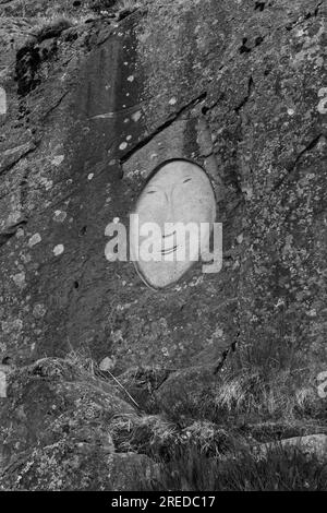 Face, Rock Art Carvings, Teil des Stone & man-Projekts des lokalen Künstlers alias Høegh auf Qaqortoq, Grönland im Juli - monochrom, schwarz und weiß Stockfoto