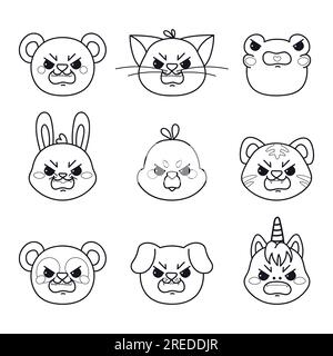 Wütende Tiere. Tierkopf im Kawaii-Cartoon-Stil. Handgezeichnete Tiere kritzeln Strichkunst. Satz von Vektorabbildungen, isoliert auf weißem Hintergrund. Stock Vektor