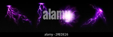 Realistische lila Blitzschläge und Blitze, isoliert auf transparentem Hintergrund. Vektordarstellung des elektrischen Energieentladungseffekts, funkelnde Blitze des Blitzes, magische Zauberkraft Stock Vektor