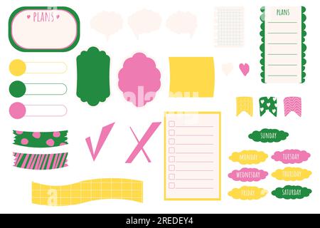 Set-Planer-Sticker, Lesezeichen und Elemente kritzeln im Cartoon-Stil, hell und trendig isoliert auf weißem Hintergrund. Vektordarstellung Stock Vektor