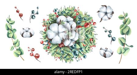 Weihnachten, Neujahr, Winterzusammensetzung von Eukalyptuszweigen, Baumwolle und dekorativen Beeren. Aquarell, handgezeichnet. Gruppe von isolierten Stockfoto