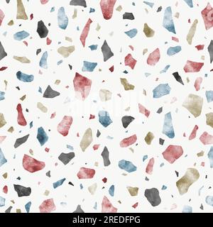 Abstraktes italienisches Terrazzo-Nahtloses Muster. Verstreute mehrfarbige Steine handgezeichnete Aquarelle dekorative Textur. Gebrochenes Buntglas, farbenfrohe Form Stockfoto