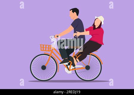 Cartoon flache Zeichnung Seitenansicht des Paares Spaß auf dem Fahrrad. Romantisches Radfahrpaar, das Händchen hält. Mann und Frau, die zusammen Fahrrad fahren Stockfoto