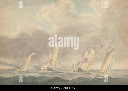 Zwei Sloops of war, ein Barque und ein Schoner (?), Sterns Forward, in Heavy Sea; mehrere Segelschiffe im Hintergrund von Joseph Cartwright Stockfoto