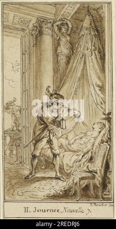 „Hubert Francois Gravelot after Francois Boucher, Second Day, Seventh Story: The Duke of Athen Reflexion the Sleeping Princess Alatiel, c. 1757, Stift und graue Tinte mit brauner Wäsche auf liegendem Papier, Overall (bis zur äußeren Rahmenlinie): 11,2 x 5,8 cm (4 7/16 x 2 5/16 Zoll), Widener Collection, 1942,9.703“ Stockfoto