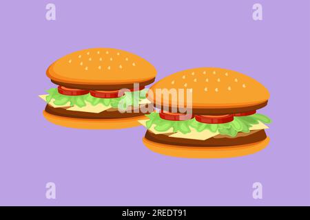 Flacher Cartoon mit zwei frischen, köstlichen Logos des American Cheeseburger Restaurants. Vorlage für Fastfood Burger Cafe Shop. Fast-Food-Rindfleisch-Burger Stockfoto