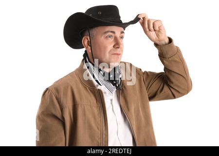 Reifer Cowboy auf weißem Hintergrund Stockfoto