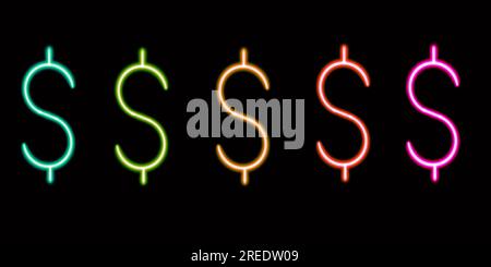 Setze leuchtende Neon Dollars Desktop-Ikone, Neon-Geld-Sticker, Neon-Figur, leuchtende Figur, geometrische Neon-Figuren Stockfoto