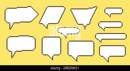 Dialogfelder des Diagramms "Pixel Speech Bubble Collection". Textfeld Retro-Spiel mit 8-Bit-Zeilen. Leere verpixelte Meldungsleiste in den Farben Gelb, Schwarz und Weiß. Zitat Stock Vektor