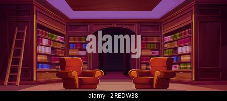 Hausbibliothek mit Büchern auf Holzregalen und gemütlichen Sesseln. Vektorgrafik eines großen Raumes mit Bücherregalen und Leiter. Vintage-Literatursammlung. Platz zum Lesen des Hobbys Stock Vektor