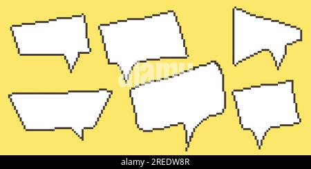 Dialogfelder des Diagramms "Pixel Speech Bubble Collection". Textfeld Retro-Spiel mit 8-Bit-Zeilen. Leere verpixelte Meldungsleiste in den Farben Gelb, Schwarz und Weiß. Zitat Stock Vektor