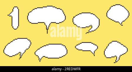 Dialogfelder des Diagramms "Pixel Speech Bubble Collection". Textfeld Retro-Spiel mit 8-Bit-Zeilen. Leere verpixelte Meldungsleiste in den Farben Gelb, Schwarz und Weiß. Zitat Stock Vektor