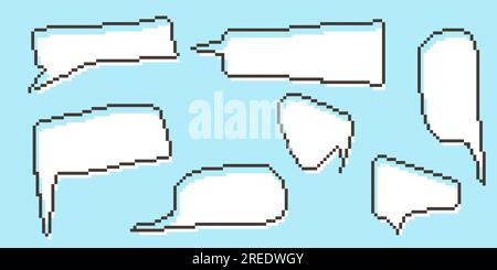 Dialogfelder des Diagramms "Pixel Speech Bubble Collection". Textfeld Retro-Spiel mit 8-Bit-Zeilen. Leere verpixelte Meldungsleiste in den Farben Gelb, Schwarz und Weiß. Zitat Stock Vektor