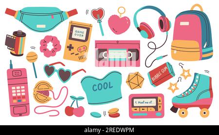 Klassische 80s 90s-Elemente in modernem Stil, flacher Linienlook. Handgezeichnete Vektordarstellung. Modeaufnäher, Abzeichen, Emblem. Stock Vektor