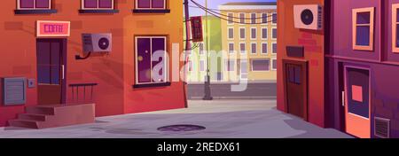 Hintergassen-Cartoon-Hintergründe aus der Altstadt. Ziegelwand Nachbarhaus Ghetto Landschaft Illustration für Spiel. Leeres sonniges Stadtbild mit Café-Eingang und Treppen. NYC-Haus in der Hinterstraße Stock Vektor
