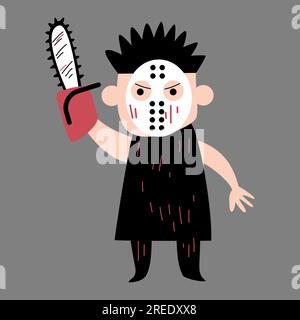 Der Mörder hält die Kettensäge. Halloween-Zeichentrickfiguren. Vector . Stock Vektor