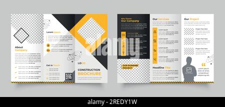 Konstruktion dreifach Broschürenschablone Design, Baugeschäft dreifach Broschürenschablone, Immobilienbroschüre Stock Vektor