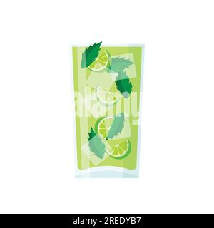 Mojito mit Limette, Minze und Eis in einem Glas. Frischer Sommercocktail. Vektordarstellung im trendigen flachen Stil, isoliert auf weißem Hintergrund. Stock Vektor
