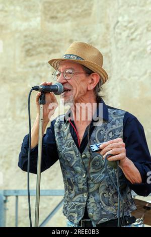 Surville Blues Band Konzert. Place de la Madeleine. Christian Surville auf Mundharmonika. Beziers, Occitanie, Frankreich Stockfoto