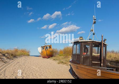 Traditionelle hölzerne Fischerboote in den Dünen entlang der Ostsee bei Ahlbeck, Heringsdorf auf der Insel Usedom, Mecklenburg-Vorpommern, Deutschland Stockfoto