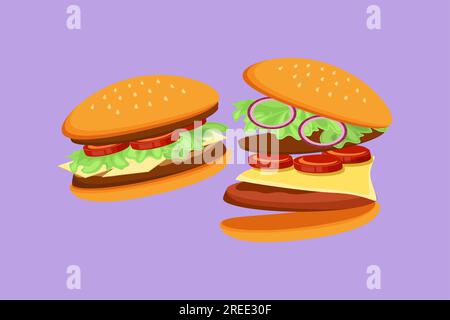 Flacher Cartoon mit zwei frischen, köstlichen Logos des American Cheeseburger Restaurants. Vorlage für Fastfood Burger Cafe Shop. Fast-Food-Rindfleisch-Burger Stockfoto