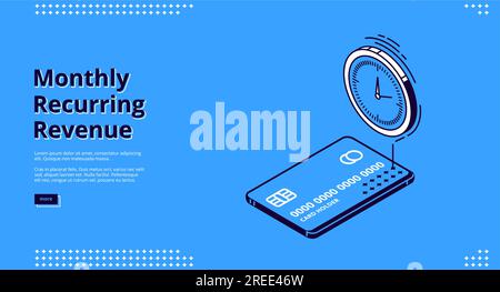 Banner für monatlich wiederkehrende Umsätze. Feste Bezüge und Zahlungen, MRR-Konzept. Vektor-Landing-Page mit wiederkehrenden Einkünften mit isometrischen Symbolen der Kreditkarte und Zeiterinnerung Stock Vektor