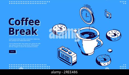 Isometrische Startseite für Kaffeepausen. Rund um die Uhr und eine riesige Tasse mit heißem Getränk, Donuts und Wecker mit 12 Uhr Zeit am Telefon. Frühstück für Geschäftsleute, 3D-Vektorgrafik, Webbanner mit Strichzeichnungen Stock Vektor