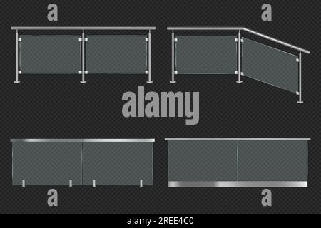 Glasgeländer mit Eisengeländer, Front- und Winkelansicht. Vektor realistische Nachbildung von verschiedenen Abschnitten von klarem Acryl Zaun mit Metallgeländer isoliert auf transparentem Hintergrund Stock Vektor