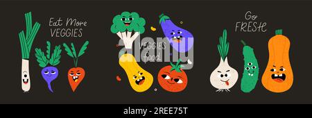 Set mit 3 Postkarten. Süße Gemüsefigur Stock Vektor