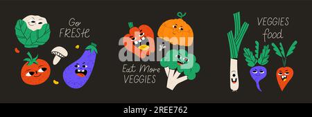 Set mit 3 Postkarten. Süße Gemüsefigur Stock Vektor
