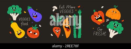 Set mit 3 Postkarten. Süße Gemüsefigur Stock Vektor
