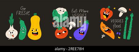 Set mit 3 Postkarten. Süße Gemüsefigur Stock Vektor