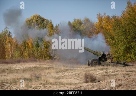 Divychky, Ukraine. 27. Okt. 2020. Ukrainische Soldaten feuern während der Übungen auf dem Artilleriegebiet in der Nähe des Dorfes Divychky, Kiew, vom 152 mm großen Geschützhirn D-20 ab. (Credit Image: © James McGill/SOPA Images via ZUMA Press Wire) NUR ZUR REDAKTIONELLEN VERWENDUNG! Nicht für den kommerziellen GEBRAUCH! Stockfoto