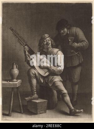 „Wallerant Vaillant After David Teniers the Younger, the Lute Player and the Drinker, Mezzotint, Bogen (auf Plattenmarke zugeschnitten): 27,5 x 31 cm (10 13/16 x 12 3/16 Zoll), Rosenwald Collection, 1946.21.175“ Stockfoto