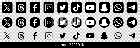 Twitter, Threads, facebook, instagram, tiktok usw. Logos für soziale Medien. Editorial Icons isoliert auf transparentem Hintergrund Stock Vektor