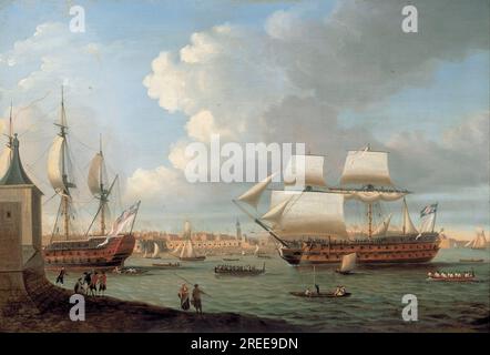 Foudroyant und Pégase fahren in den Hafen von Portsmouth, 1782 1782 m von Dominic Serres Stockfoto