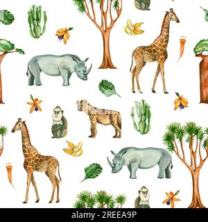 Nahtloses Muster auf weißem Hintergrund. Giraffen, Nashörner, gefleckte Hyänen, Strauße, Affen, Dschungelbäume handbemalt in Aquarell. Stockfoto